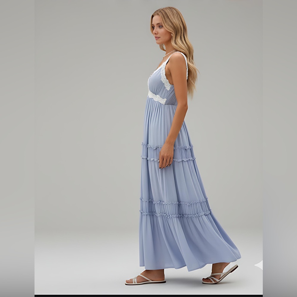 Boho Lace A-Line Flounce Hem Dress Blue - Picture 3 of 12